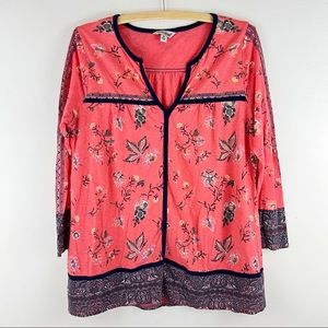 Lucky Brand Coral Botanical Scoop Neck Long Sleeve M
